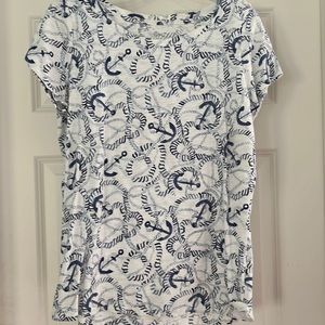 Excellent Condition Lands End Nautical Blue White T-shirt Size Medium